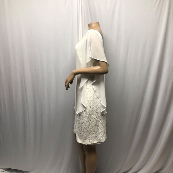 SD Collection Ivory Chiffon Overlay Lace Dress Womens Sz 12 Faux Pearl Neckline - Picture 3 of 8